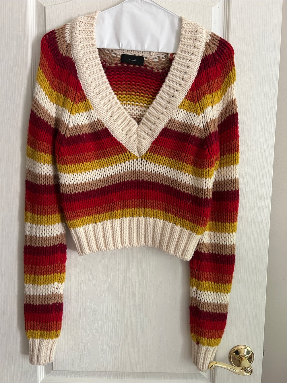 Striped V-Neck Cropped wool Sweater in Red, Cream & Mustard XS Made in Italy